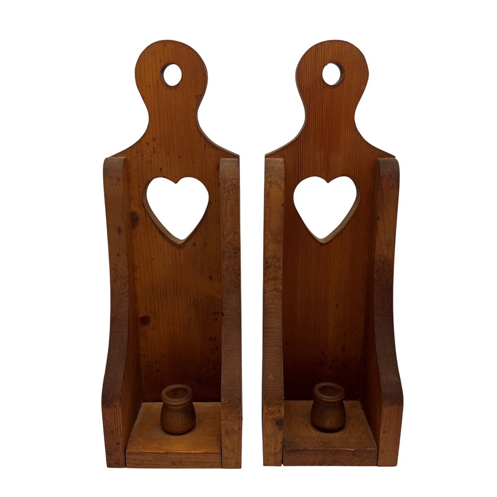 VTG Wooden Heart Wall Candle Sconces Pair Country Farmhouse Primitive Decor 80s